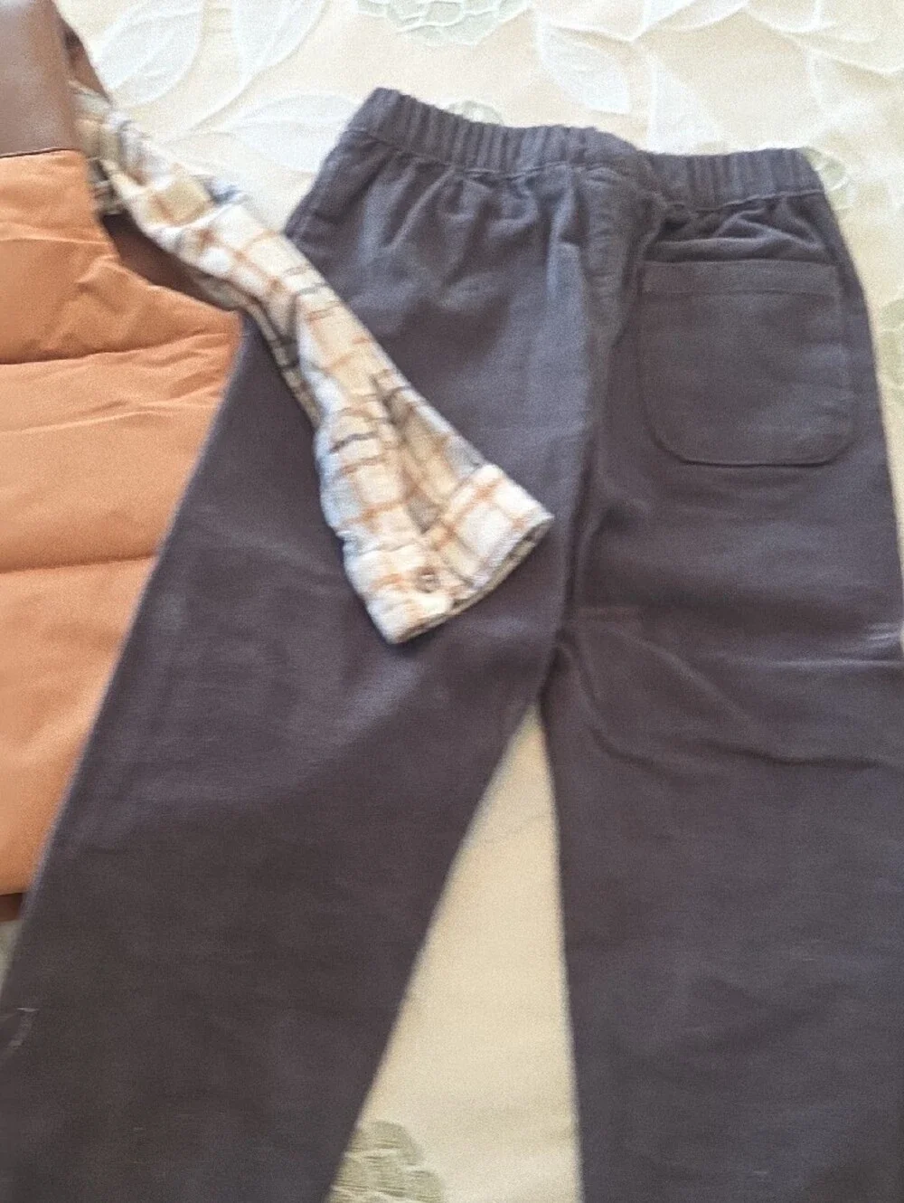 Kids 3-Piece Matching Set - Brown Puffer Vest, Plaid Shirt & Charcoal Pants